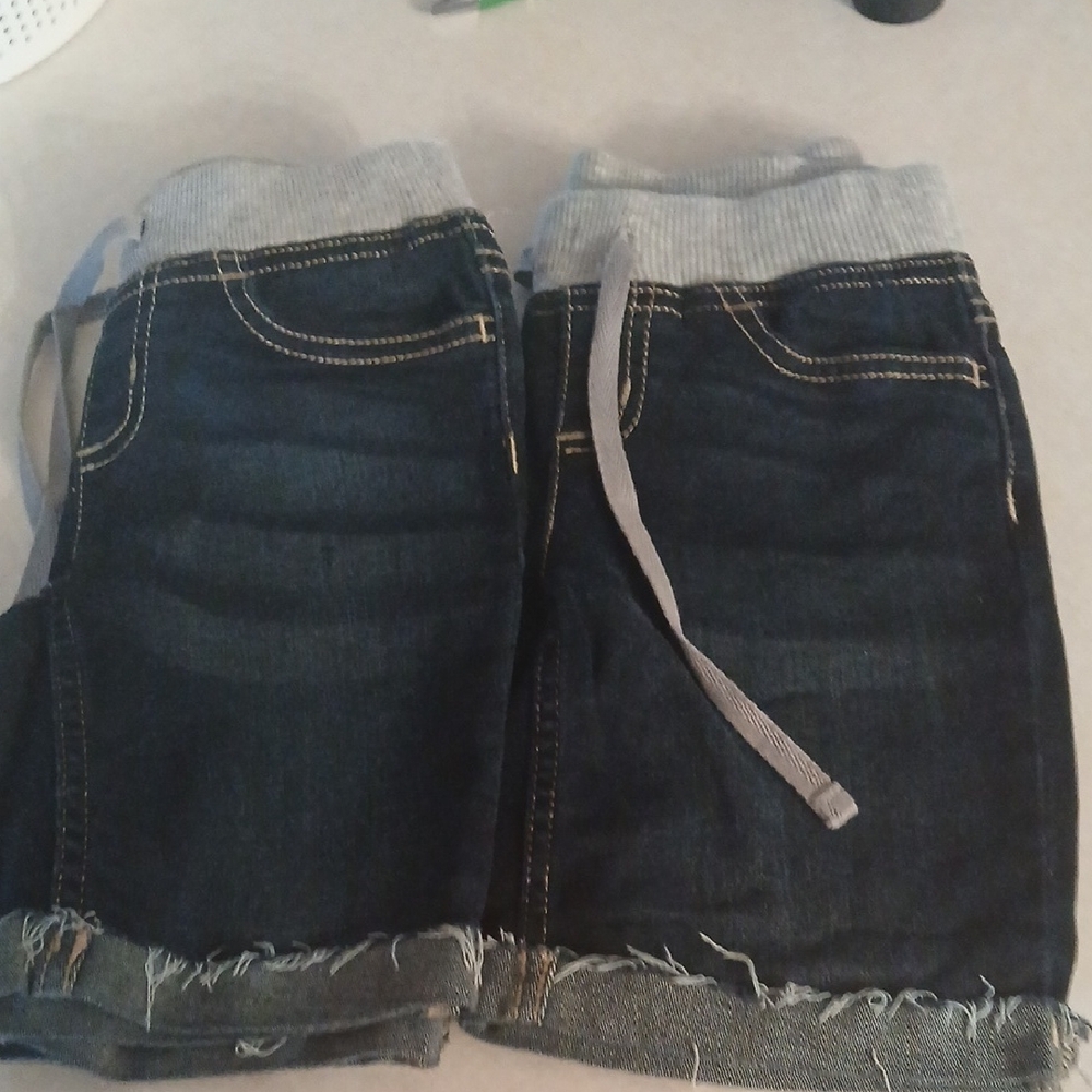 Justice Dark Blue Denim High-Waist Shorts with Gray Ribbed Waistband